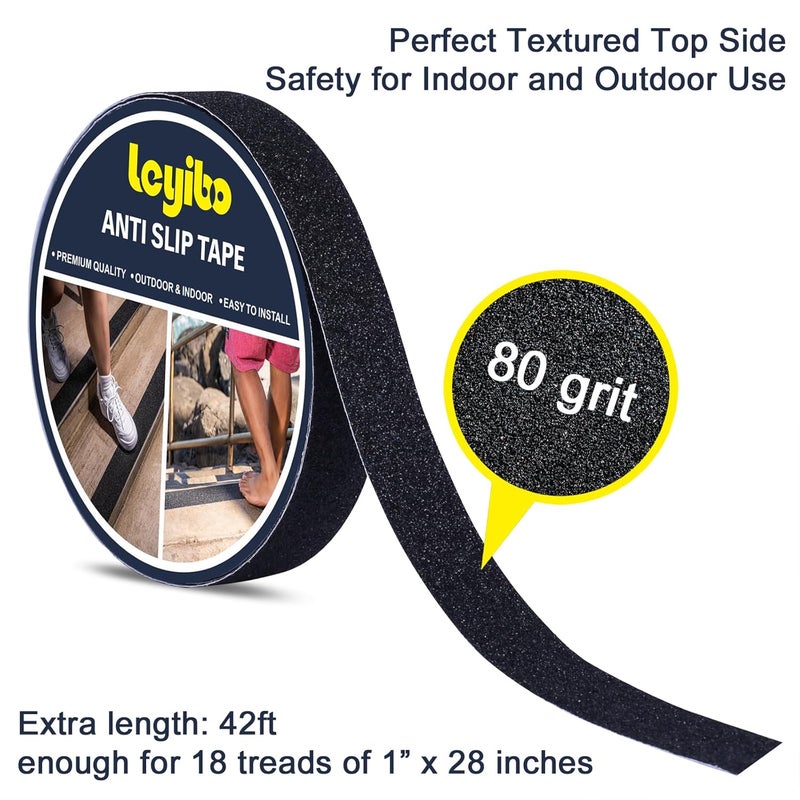 Leyibo Anti Slip Tape, 1 Inch x 42 Ft Grip Tape for Stairs Outdoor/Indoor, Waterproof Non Skid Roll for Stair Treads Non Slip, High Traction Friction Abrasive Adhesive Stair Steps - Black - Image 2